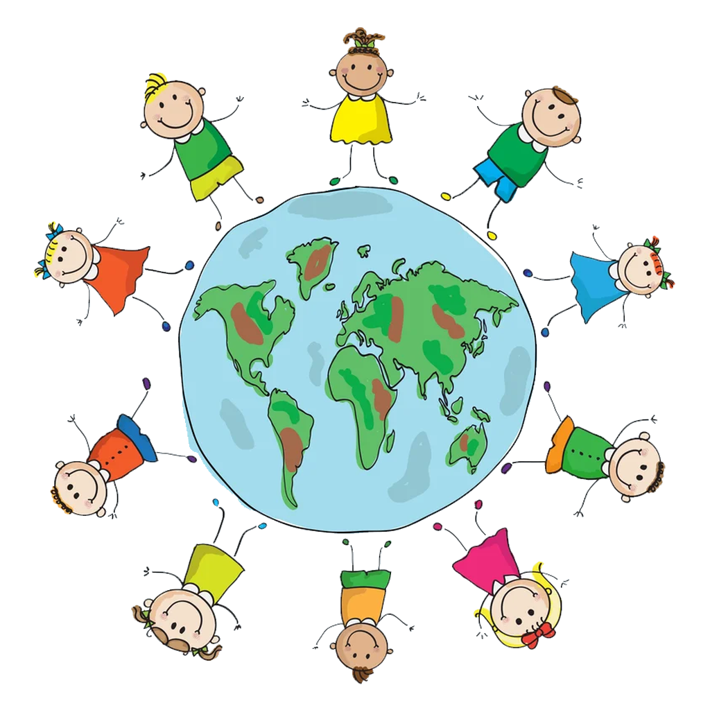 Kids standing around a colorful planet — the KidzoPlanet mascot